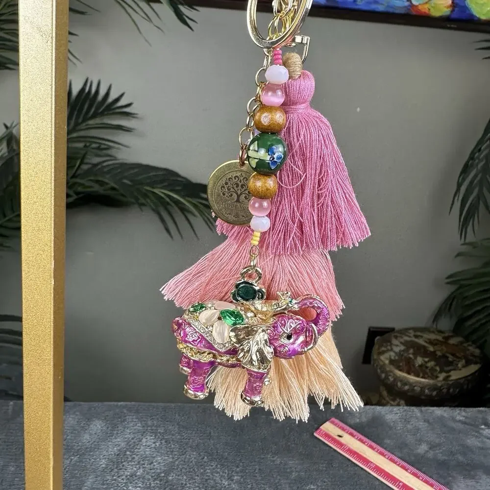 Elephant Pink Bag charm Keychain Metal enamel Boho tier Tassel Beading Unique.